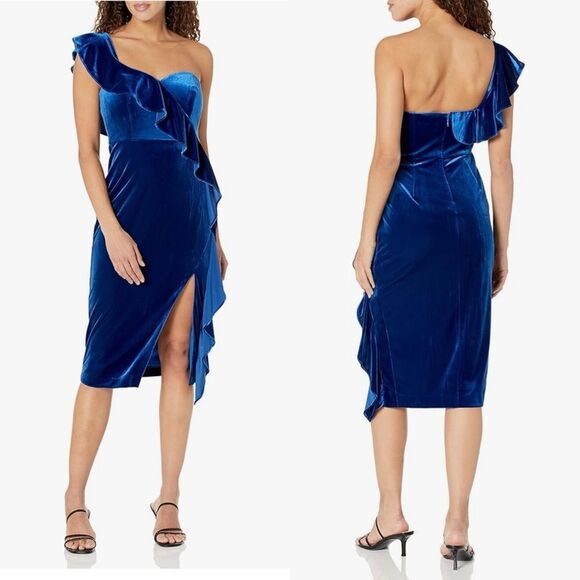 NWT Aidan Mattox Velvet One-Shoulder Ruffle Sheath Dress in Deep Ocean size 10 - Picture 5 of 16